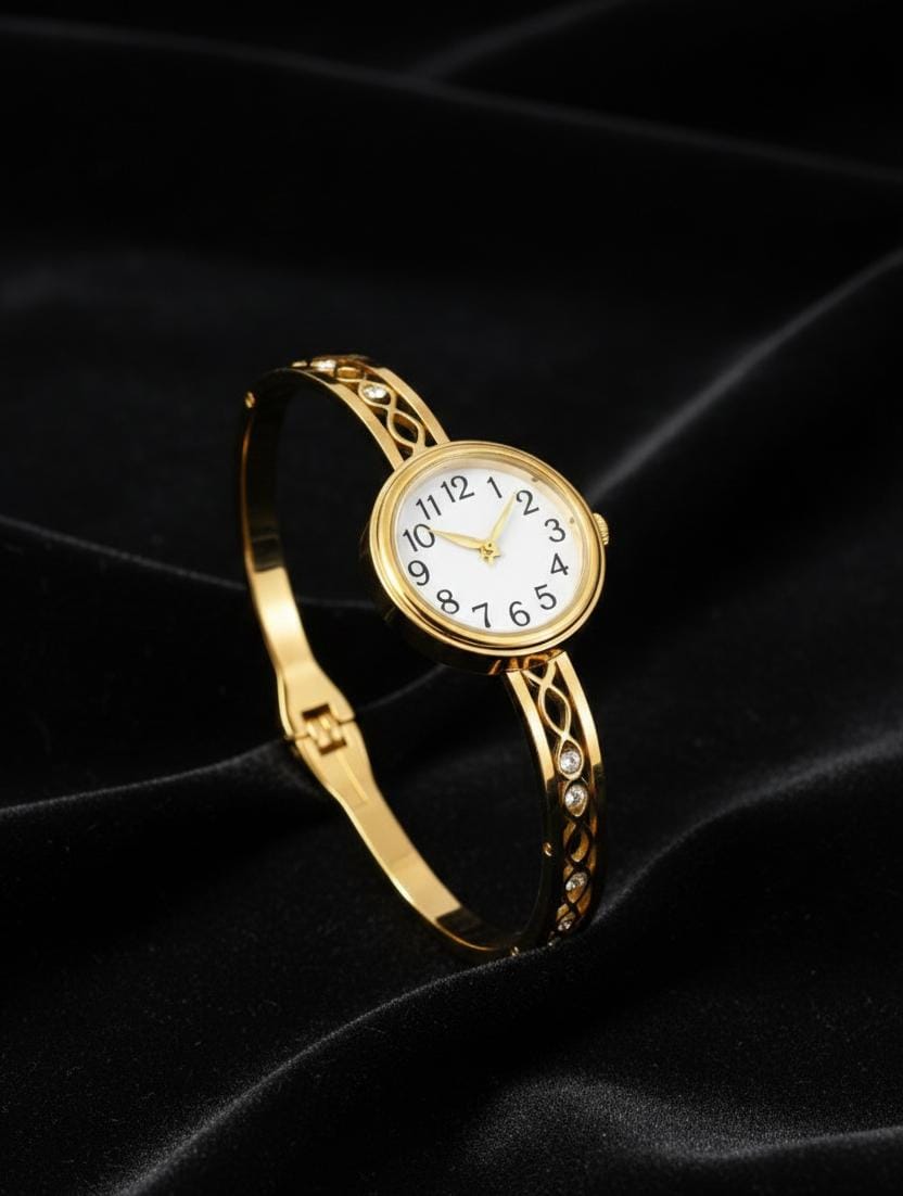 Zivara Elegant Gold Watch – Anti-Tarnish Openable Bracelet Watch for Women