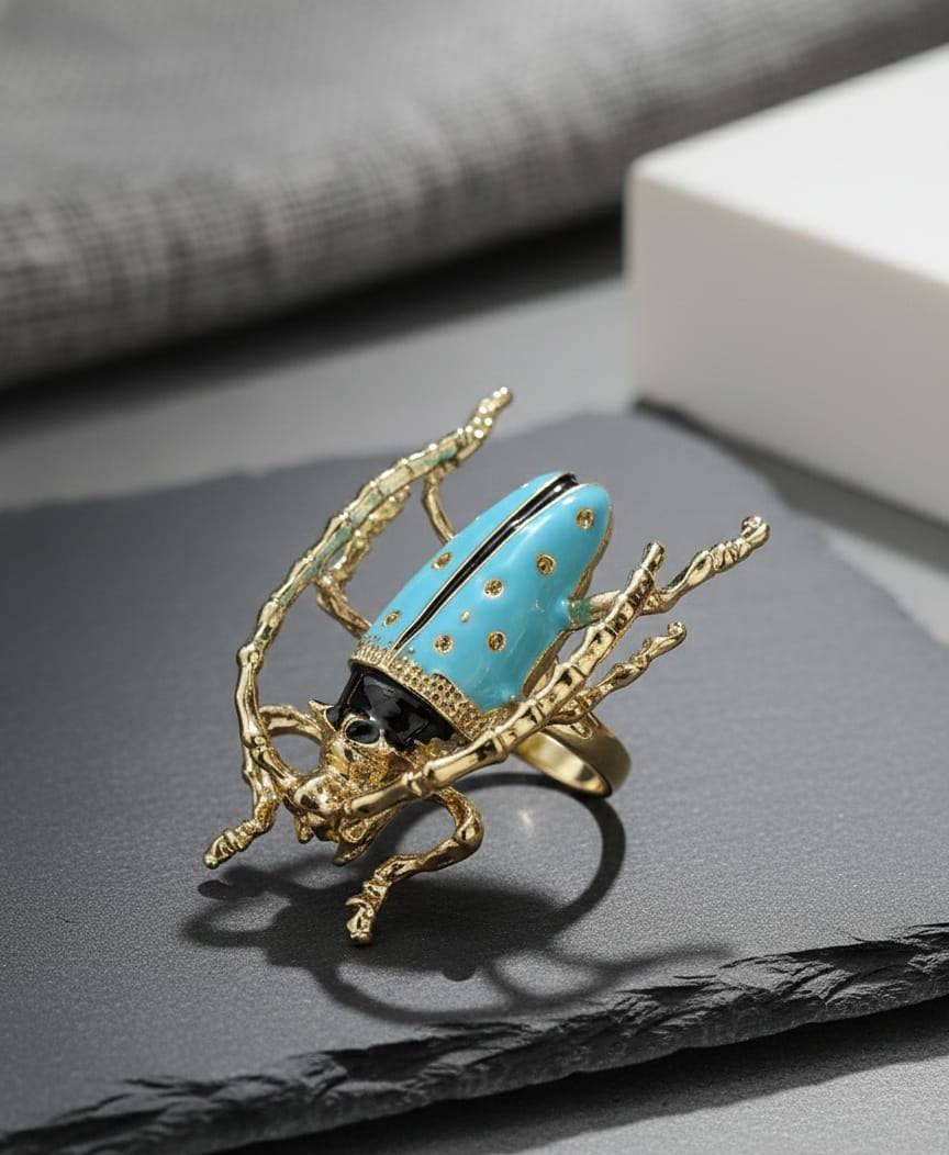 Aurex Beetle Statement Ring – Adjustable Anti-Tarnish Gold Enamel Ring for Women