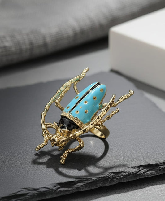 Aurex Beetle Statement Ring – Adjustable Anti-Tarnish Gold Enamel Ring for Women