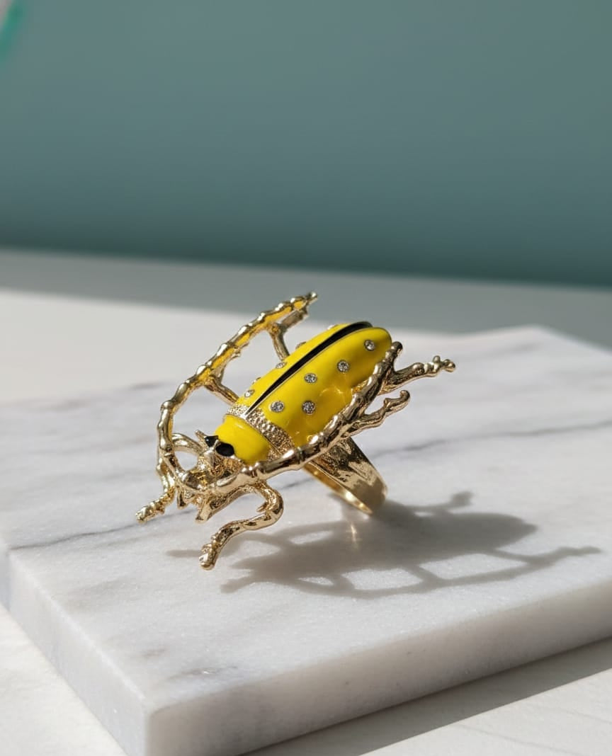 Decorative yellow and gold beetle on a marble surface with a light blue background