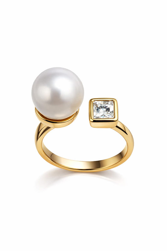 Dual Pearl & Crystal Adjustable Ring – Anti Tarnish Gold Plated Open Statement Ring for Women