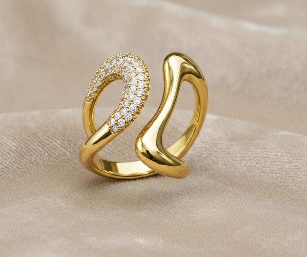 Dual Wave Adjustable Gold Ring – Anti Tarnish Crystal Statement Open Ring for Women