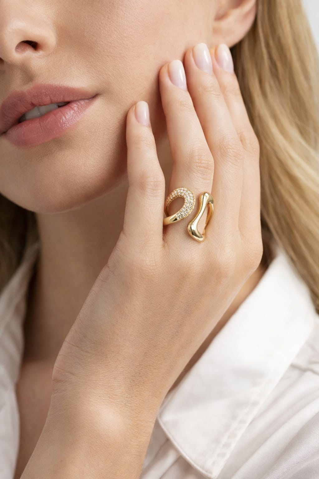 Dual Wave Adjustable Gold Ring – Anti Tarnish Crystal Statement Open Ring for Women