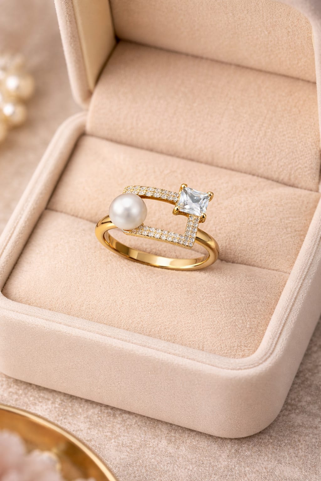 Geometric Pearl & Princess Cut Crystal Adjustable Ring – Anti Tarnish Gold Plated Statement Ring for Women
