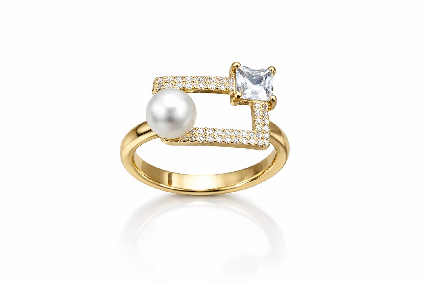 Geometric Pearl & Princess Cut Crystal Adjustable Ring – Anti Tarnish Gold Plated Statement Ring for Women