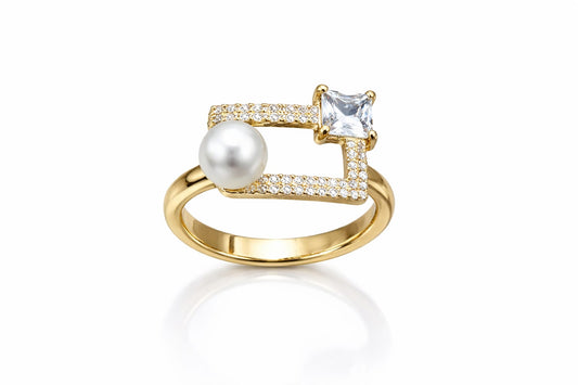 Geometric Pearl & Princess Cut Crystal Adjustable Ring – Anti Tarnish Gold Plated Statement Ring for Women