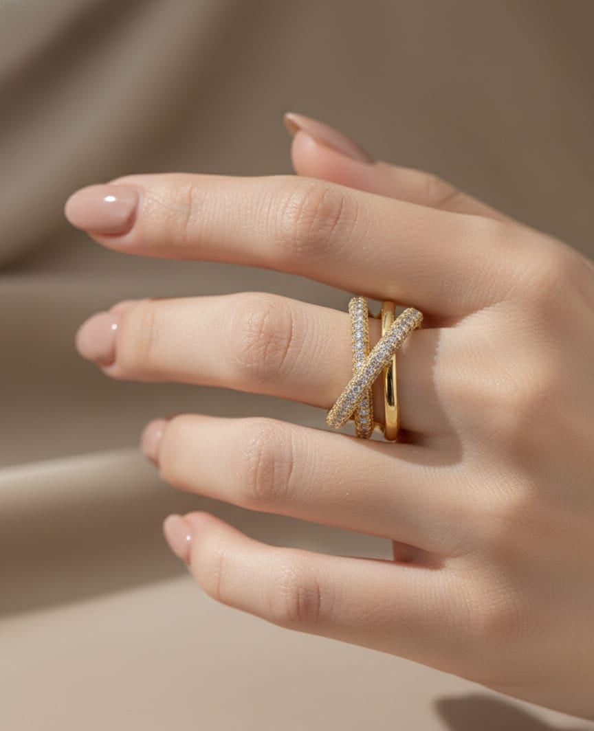 Criss Cross Adjustable Gold Ring – Anti Tarnish Crystal Studded Open Statement Ring for Women