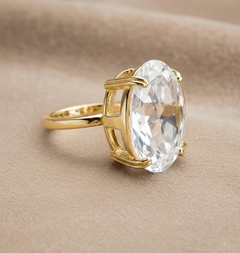 Oval Solitaire Adjustable Gold Ring – Anti Tarnish Statement Crystal Ring for Women