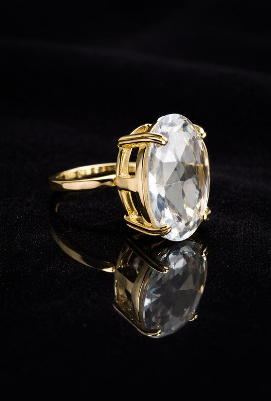 Oval Solitaire Adjustable Gold Ring – Anti Tarnish Statement Crystal Ring for Women