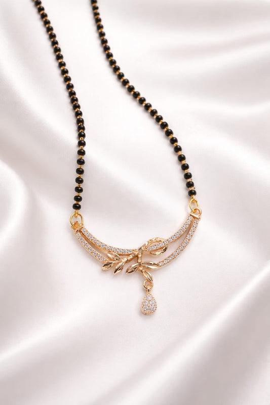 Gold Plated CZ Leaf Designer Mangalsutra with Black Beads & Teardrop Pendant