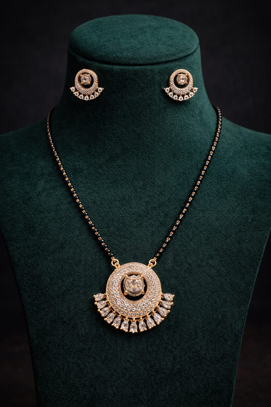 Gold Plated CZ Circular Statement Mangalsutra & Stud Earrings Set