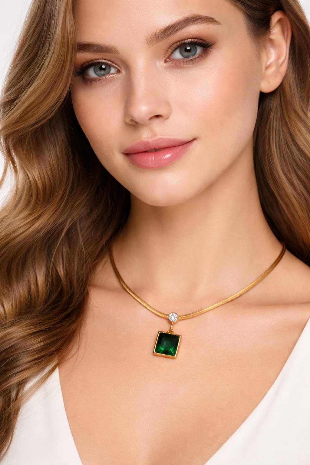 Emerelle Green Pendant Necklace – Anti-Tarnish Gold Snake Chain for Women
