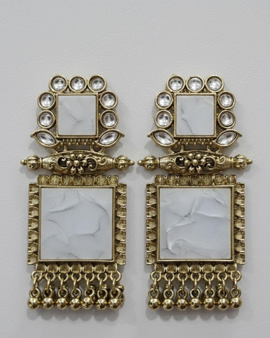 Antique Gold Square Statement Earrings for Women – Stone Studded Ethnic Drop Earrings