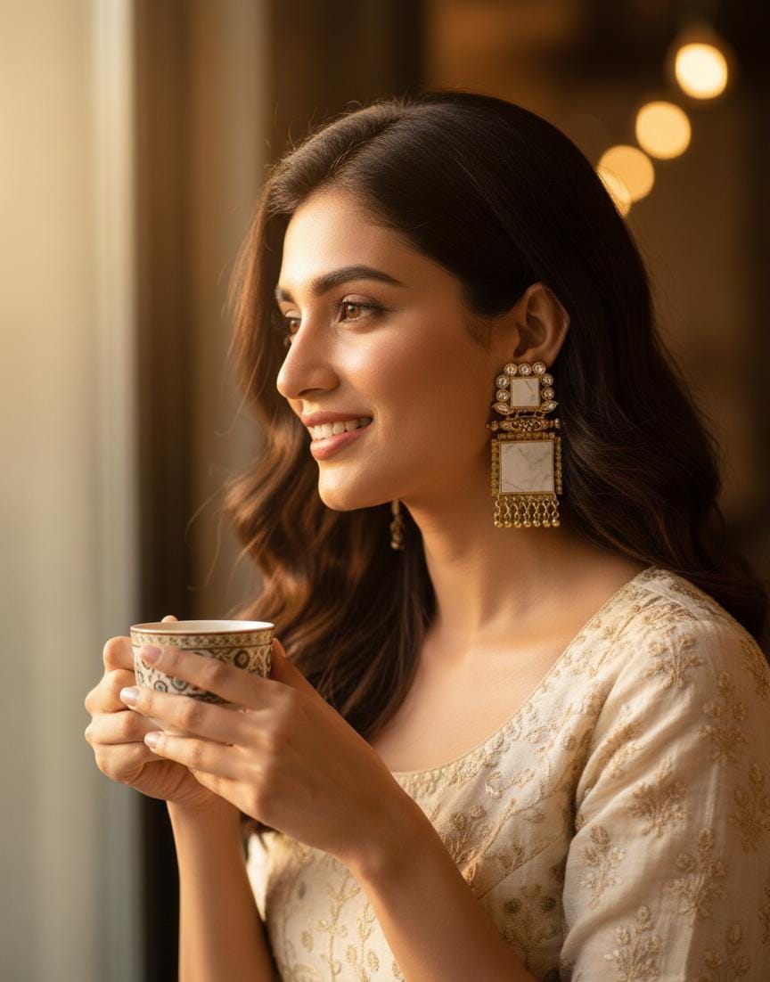 Antique Gold Square Statement Earrings for Women – Stone Studded Ethnic Drop Earrings