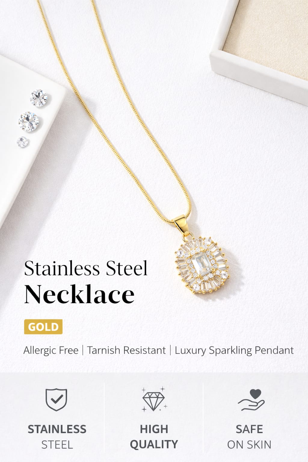 Luxury Gold Crystal Halo Anti-Tarnish Necklace for Women – Emerald Cut Statement Pendant Chain