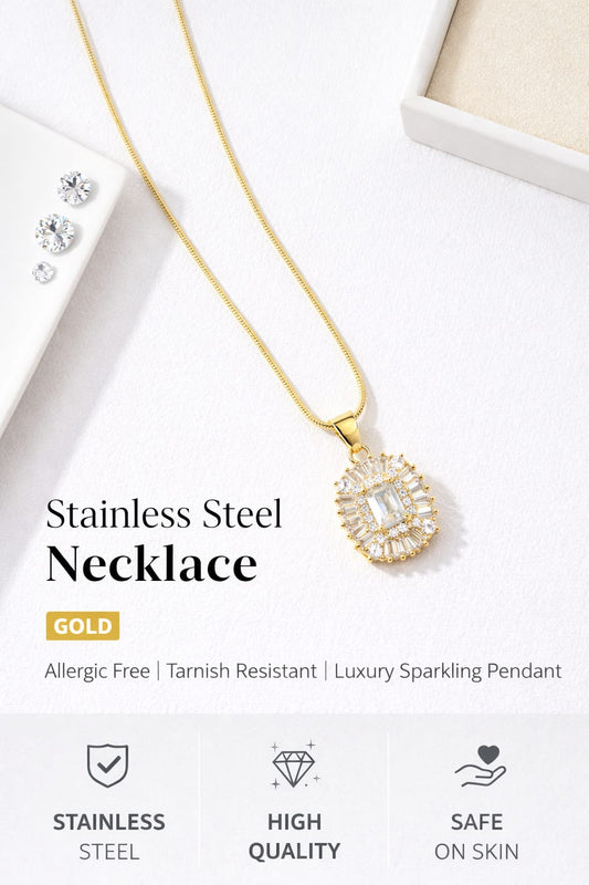 Luxury Gold Crystal Halo Anti-Tarnish Necklace for Women – Emerald Cut Statement Pendant Chain
