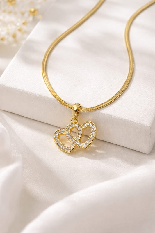 Gold Double Heart Crystal Anti-Tarnish Necklace for Women – Romantic Love Pendant Chain