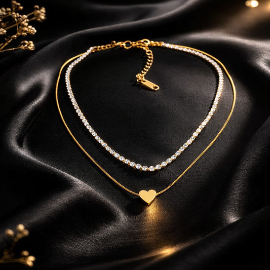 Gold Layered Heart & Crystal Anti-Tarnish Necklace for Women – Double Layer Statement Chain