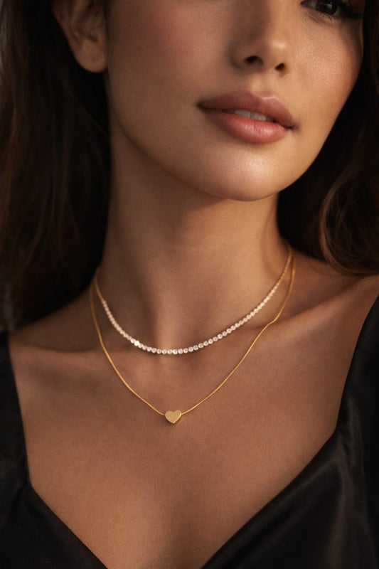 Gold Layered Heart & Crystal Anti-Tarnish Necklace for Women – Double Layer Statement Chain