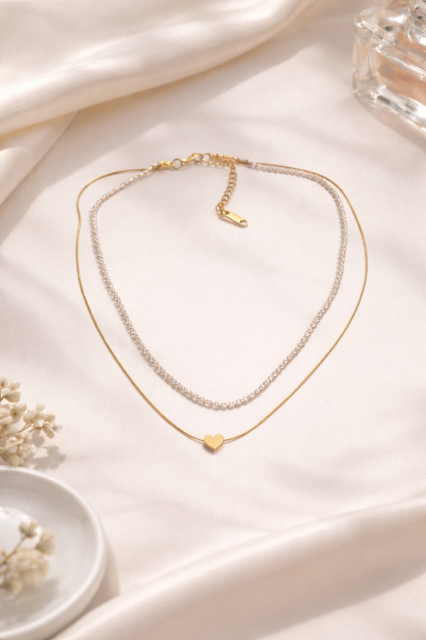 Gold Layered Heart & Crystal Anti-Tarnish Necklace for Women – Double Layer Statement Chain