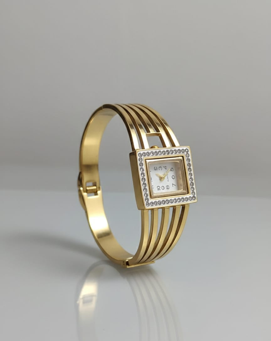 Premium Gold Square Dial Adjustable Anti-Tarnish Bracelet Watch for Women – Crystal Studded Bangle Watch