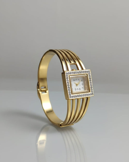 Premium Gold Square Dial Adjustable Anti-Tarnish Bracelet Watch for Women – Crystal Studded Bangle Watch