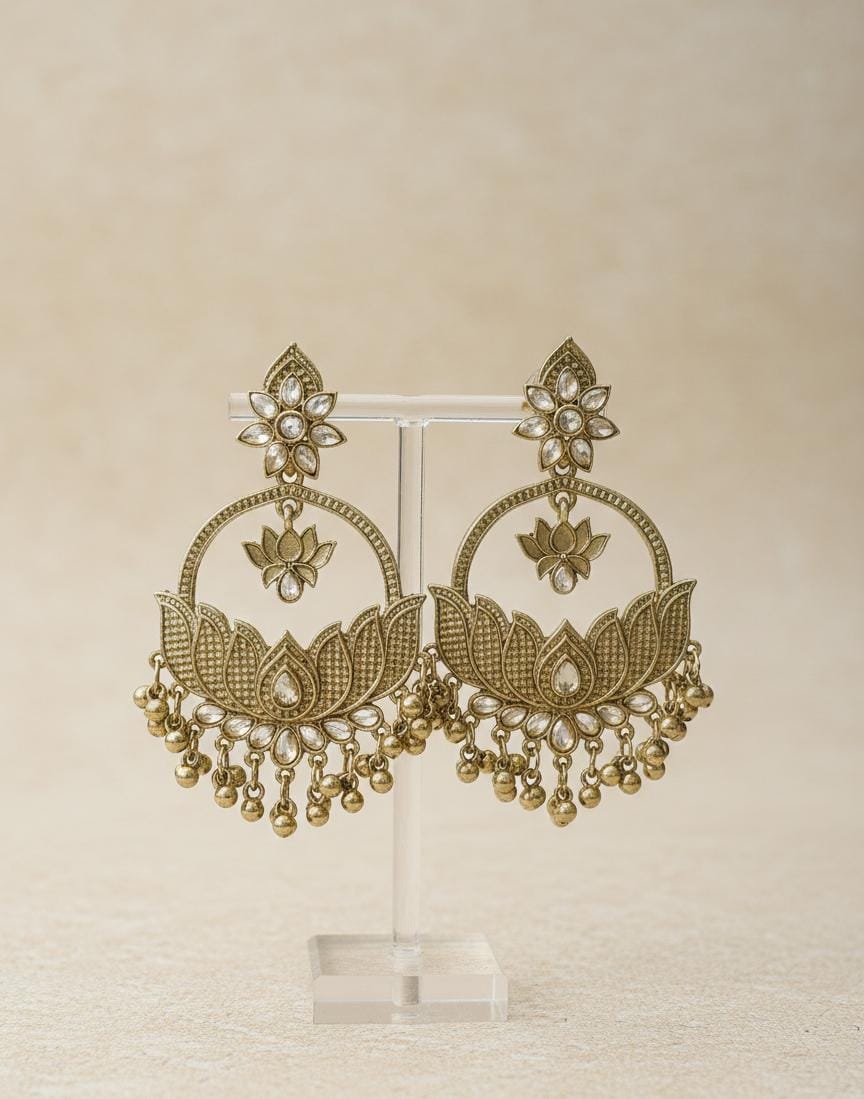 Traditional Gold Lotus Chandbali Earrings for Women – Antique Finish Statement Ethnic Jhumka