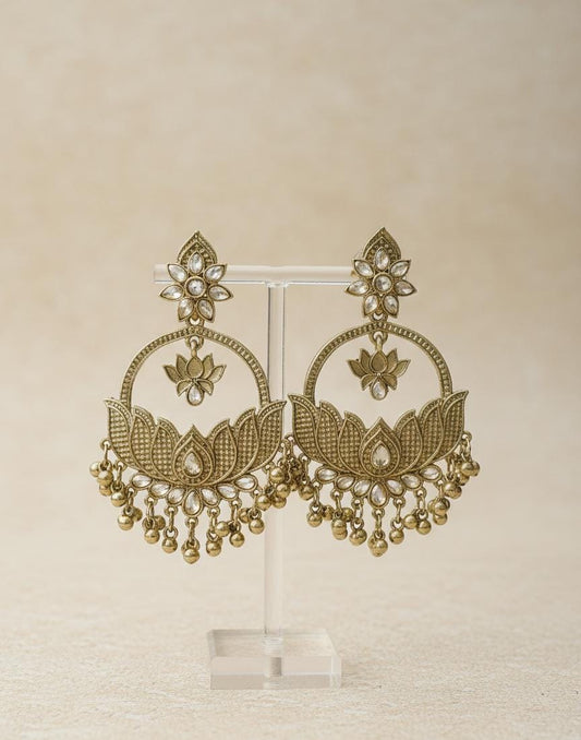 Traditional Gold Lotus Chandbali Earrings for Women – Antique Finish Statement Ethnic Jhumka