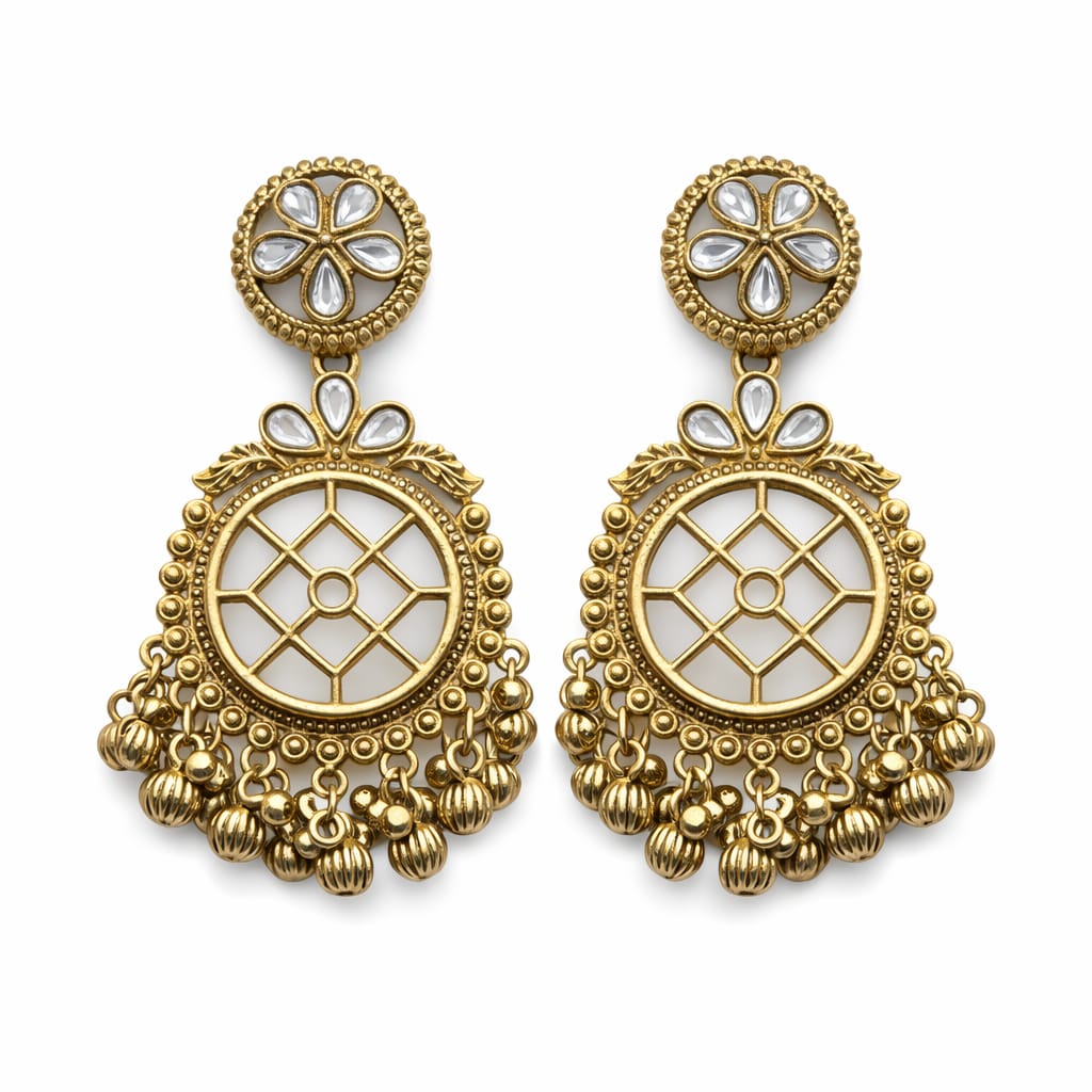 Antique Gold Traditional Drop Earrings for Women – Stone Studded Ethnic Statement Earrings