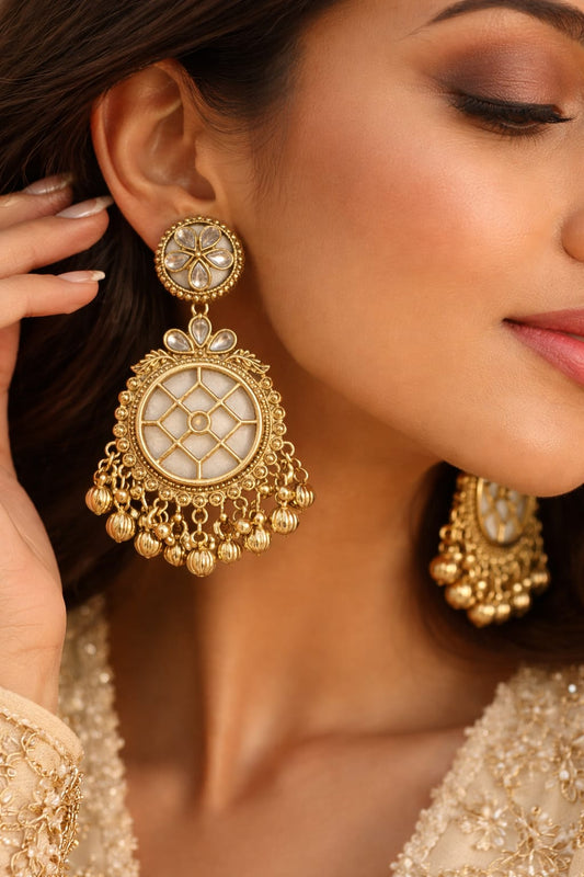 Antique Gold Traditional Drop Earrings for Women – Stone Studded Ethnic Statement Earrings