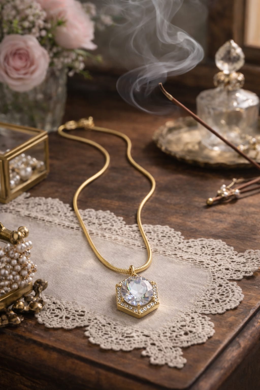 Luxury Gold Hexagon Crystal Anti-Tarnish Necklace for Women – Geometric Statement Pendant Chain