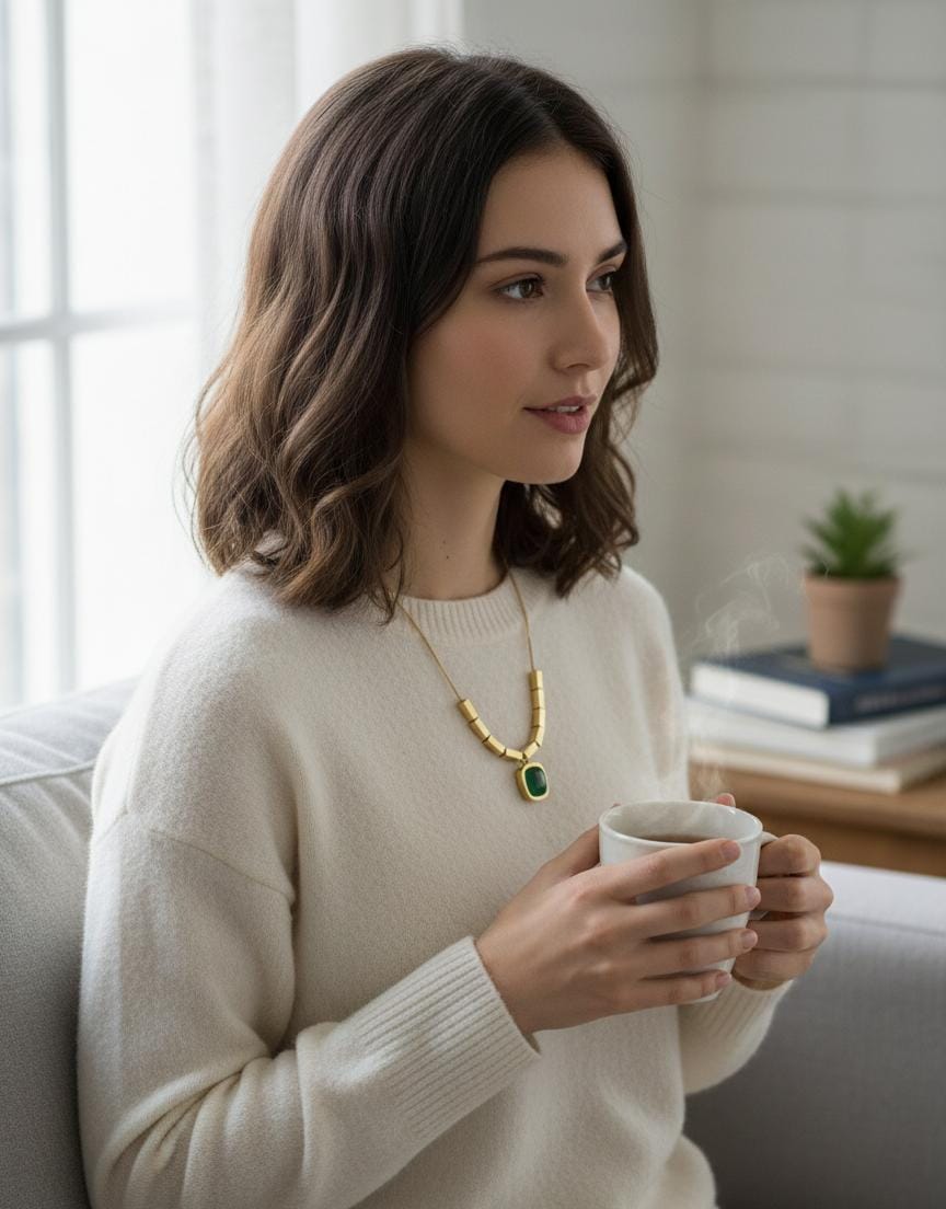 Modern Gold Green Stone Anti-Tarnish Necklace for Women – Geometric Beaded Pendant Chain