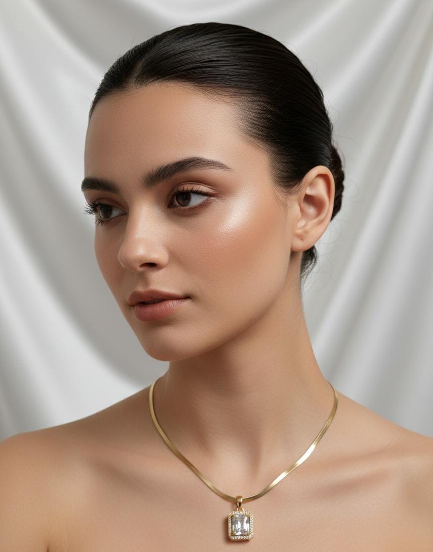 Luxury Gold Emerald-Cut Crystal Anti-Tarnish Necklace for Women – Rectangle Halo Pendant Chain