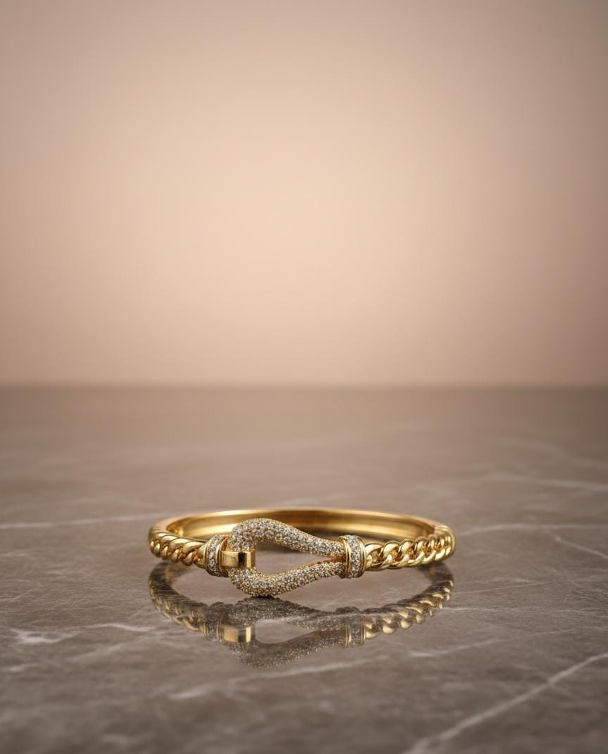 Luxury Gold Knot Design American Diamond Open Cuff Bracelet for Women – Anti-Tarnish Crystal Kada