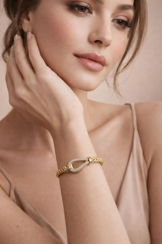 Luxury Gold Knot Design American Diamond Open Cuff Bracelet for Women – Anti-Tarnish Crystal Kada