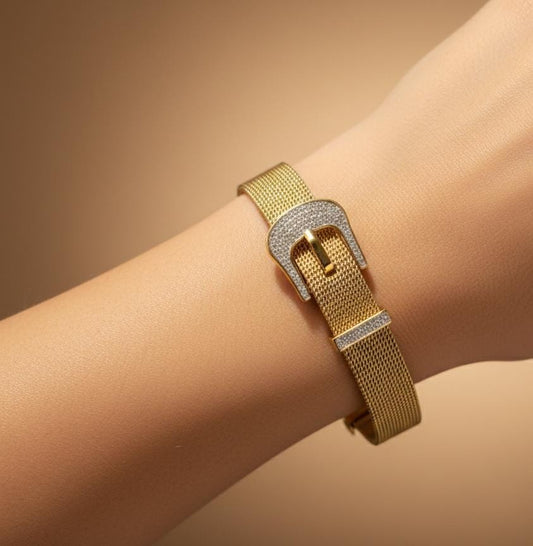 Luxury Gold Buckle Watch Style Bracelet – Anti Tarnish Adjustable Stainless Steel Bracelet for Women