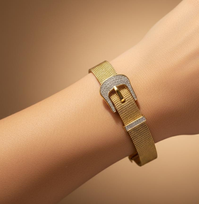 Luxury Gold Buckle Watch Style Bracelet – Anti Tarnish Adjustable Stainless Steel Bracelet for Women