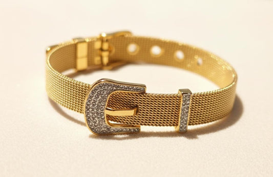 Luxury Gold Buckle Watch Style Bracelet – Anti Tarnish Adjustable Stainless Steel Bracelet for Women