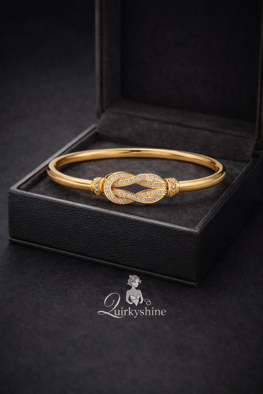 Luxury Gold Infinity Knot American Diamond Open Cuff Bracelet for Women – Anti-Tarnish Crystal Kada