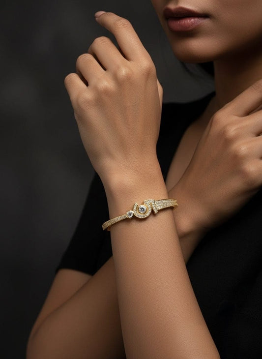 Luxury Gold “5” Design American Diamond Openable Bracelet for Women – Anti-Tarnish Crystal Kada