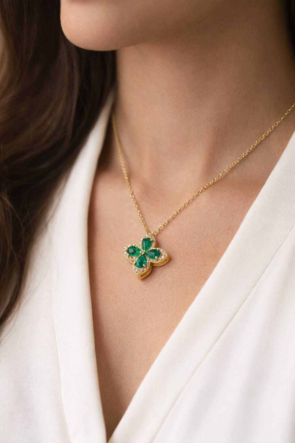 Gold Emerald Green Flower Pendant Necklace – Anti Tarnish Stainless Steel Chain for Women