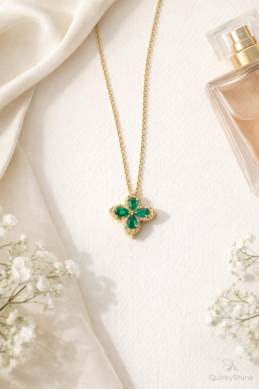 Gold Emerald Green Flower Pendant Necklace – Anti Tarnish Stainless Steel Chain for Women