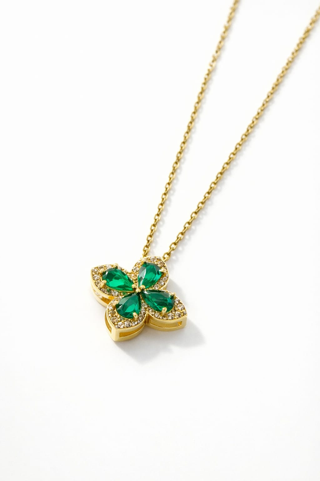 Gold Emerald Green Flower Pendant Necklace – Anti Tarnish Stainless Steel Chain for Women