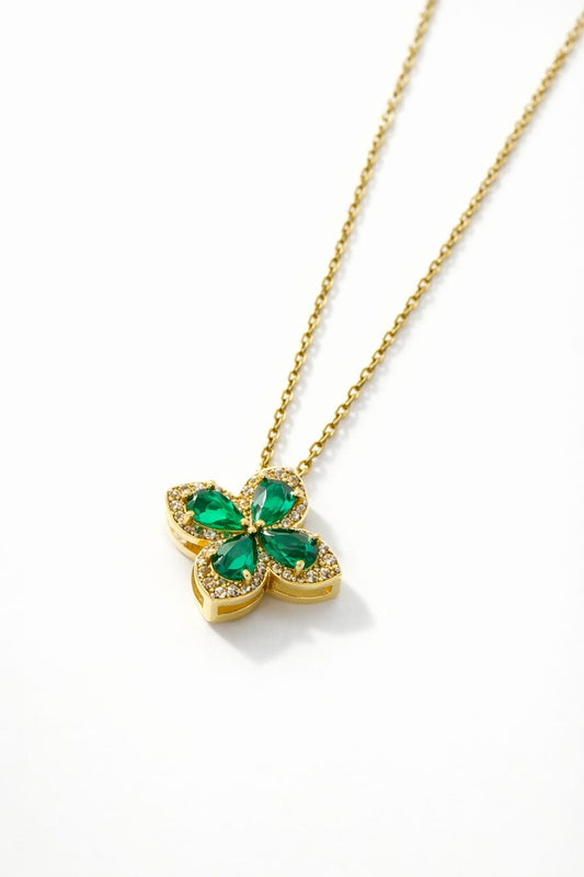 Gold Emerald Green Flower Pendant Necklace – Anti Tarnish Stainless Steel Chain for Women