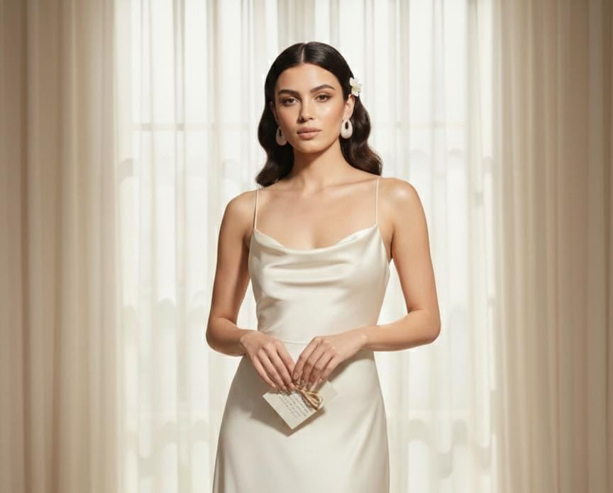 Woman in a white dress standing in a softly lit room with curtains.