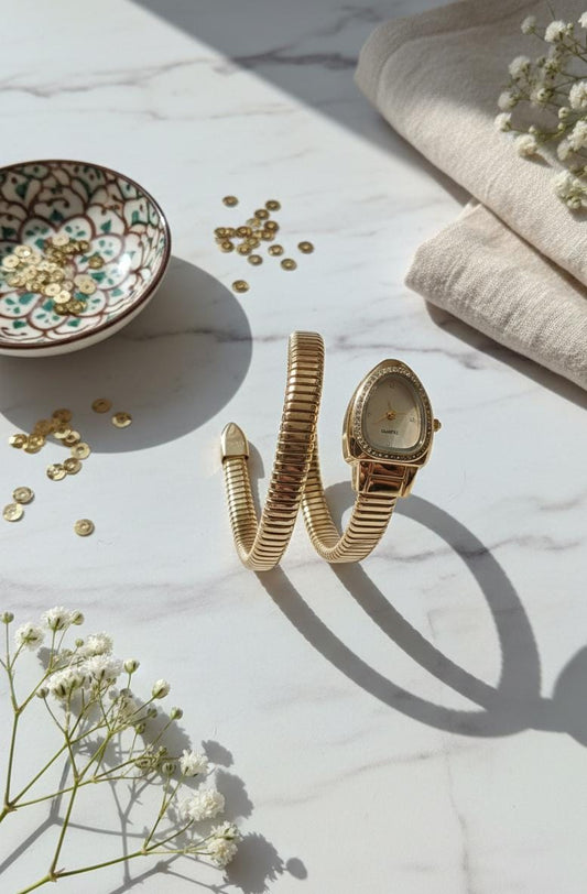Gold Snake Wrap Adjustable Watch for Women – White Dial Anti-Tarnish Bracelet Watch