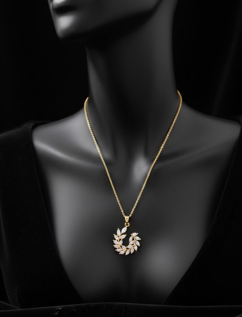 Anti Tarnish Gold Leaf Wreath Pendant Necklace with American Diamond | Elegant Minimal Chain Necklace for Women