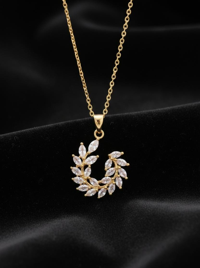 Anti Tarnish Gold Leaf Wreath Pendant Necklace with American Diamond | Elegant Minimal Chain Necklace for Women