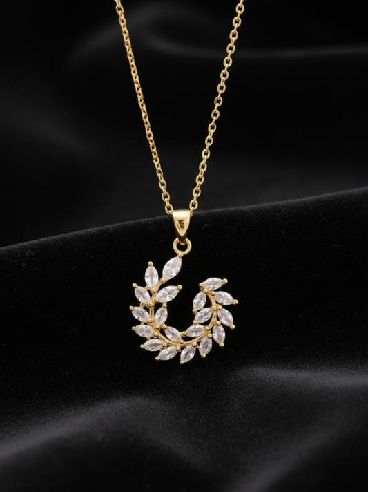 Anti Tarnish Gold Leaf Wreath Pendant Necklace with American Diamond | Elegant Minimal Chain Necklace for Women