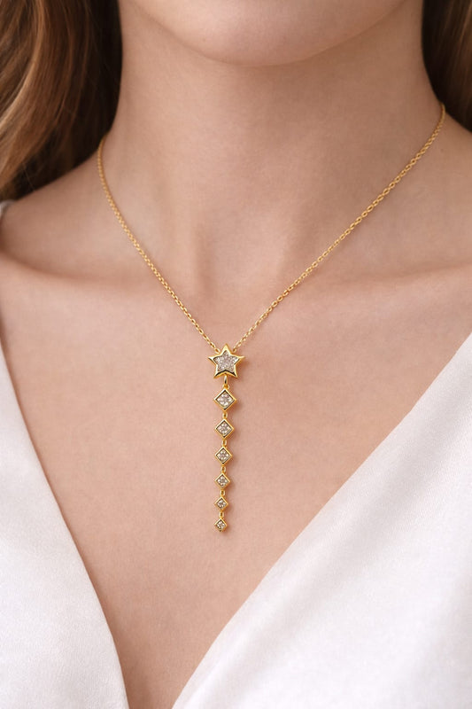 Anti Tarnish Gold Star Drop Necklace with American Diamond | Dainty Vertical Pendant Chain for Women